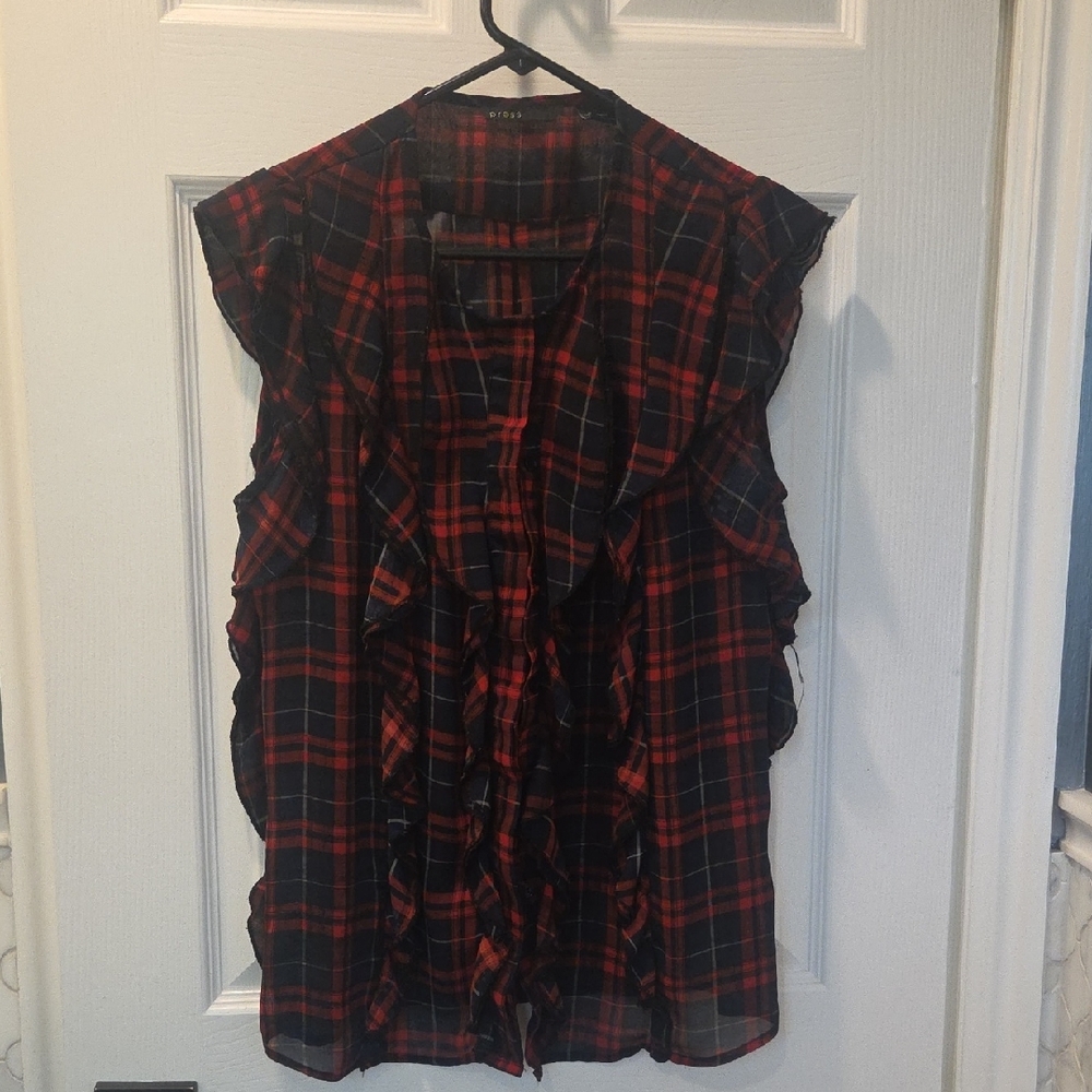 Chic Red Plaid Ruffle Blouse